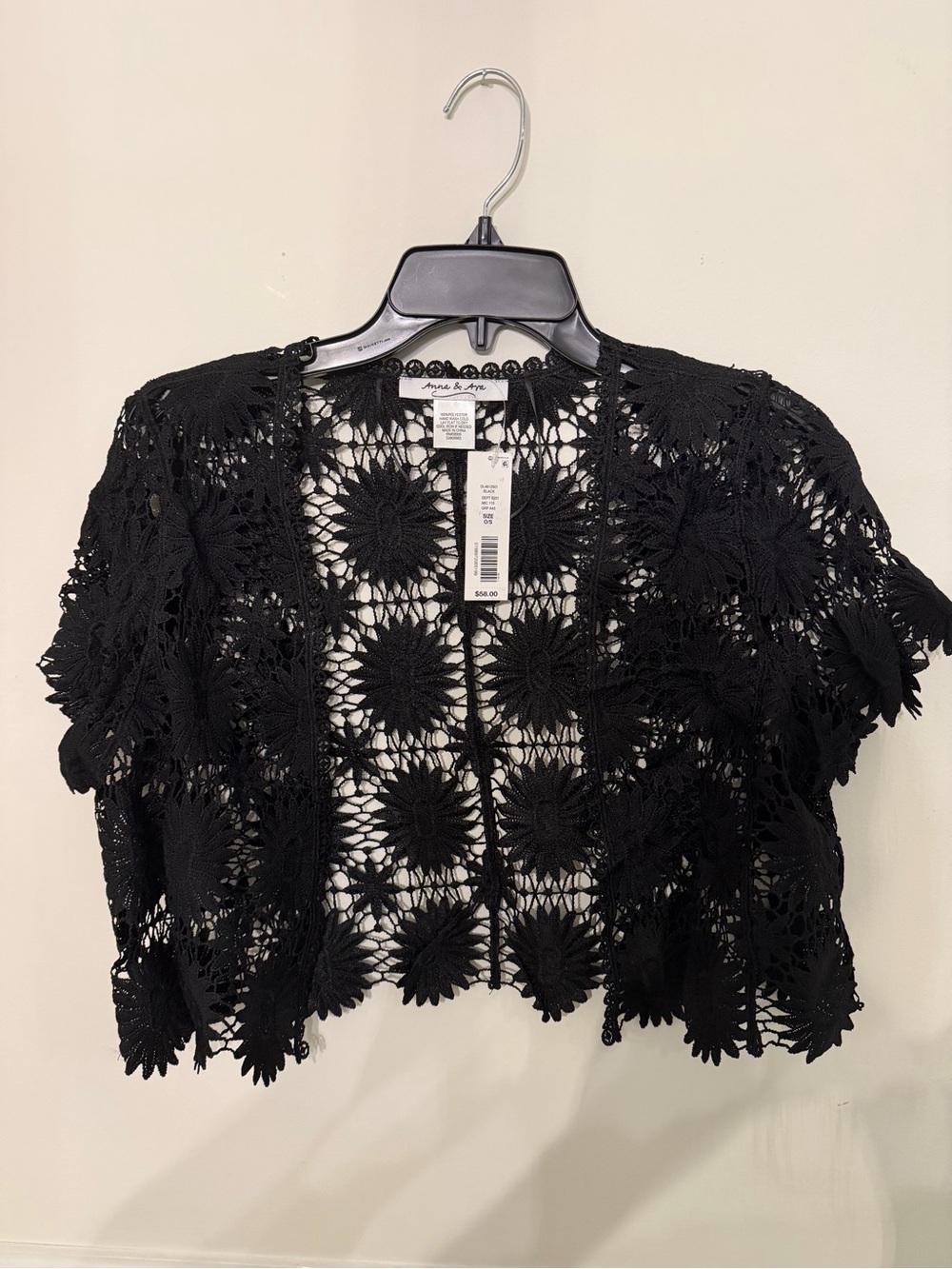 Anna & Ava Black Crochet Openwork Short Cardigan One Size